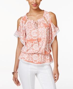 Eci Printed Cold-shoulder Peasant Blouse