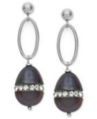 Sterling Silver Earrings, Black Cultured Freshwater Pearl (8mm) And Crystal Earrings