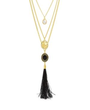 Catherine Malandrino Women's Simulated White Pearl And Rhinestone Hammered Disc Yellow Gold-tone Black Tassel Chain Necklace