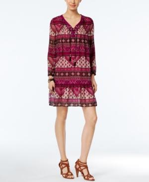 Ny Collection Petite Lace-up Printed Peasant Dress