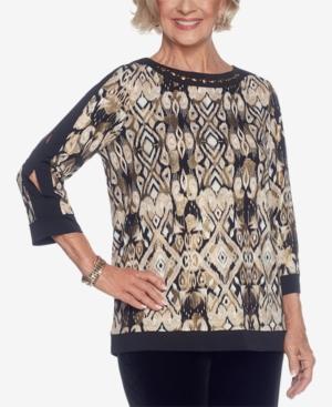 Alfred Dunner Deck The Halls Embellished Printed Split-sleeve Top