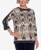 Alfred Dunner Deck The Halls Embellished Printed Split-sleeve Top