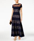 R & M Richards Petite Sequined Lace Striped Gown