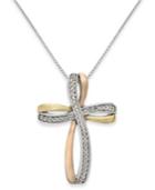 Diamond Tri-tone Cross Pendant Necklace In 14k Gold And Sterling Silver (1/10 Ct. T.w.)