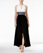 R & M Richards Petite Colorblocked Embellished Halter Gown