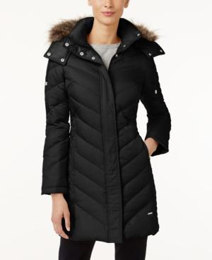 Kenneth Cole Petite Faux-fur-trim Chevron Down Puffer Coat