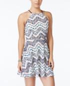 City Studios Juniors' Printed Lace Crisscross-back Fit & Flare Dress