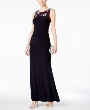 Betsy & Adam Embroidered Illusion Back Gown