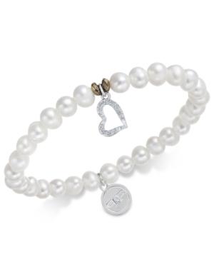 Paul & Pitu Naturally Two-tone Freshwater Pearl (7mm) And Crystal Heart Stretch Bracelet