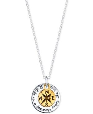 Life Is A Journey Compass Pendant Necklace In Gold-flashed Sterling Silver And Sterling Silver
