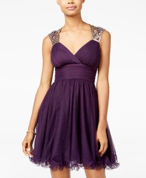 Blondie Nites Juniors' Embellished V-neck Fit & Flare Dress