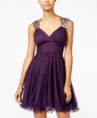 Blondie Nites Juniors' Embellished V-neck Fit & Flare Dress