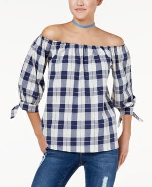 Say What? Juniors' Plaid Off-the-shoulder Top