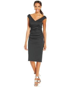 Xscape Cap-sleeve Ruched V-neck Sheath