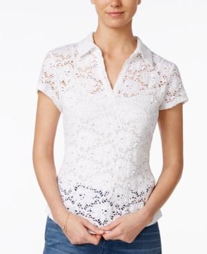 Maison Jules Illusion Lace Polo Top, Only At Macy's