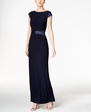 Betsy & Adam Petite Sequined Cowl-back Gown