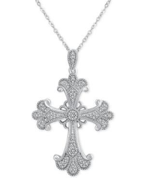 Diamond (1/6 Ct. T.w.) Flourish Cross 18 Pendant Necklace In Sterling Silver