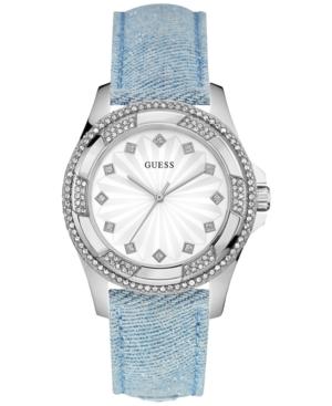 Guess Women's Sky Blue Sparkle Denim On Leather Strap Watch 39mm U0703l3