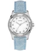 Guess Women's Sky Blue Sparkle Denim On Leather Strap Watch 39mm U0703l3