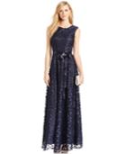 Tahari Asl Allover Floral Applique Gown With Sash