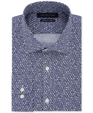 Tommy Hilfiger Men's Athletic Fit Performance Stretch Navy Floral Print Dress Shirt