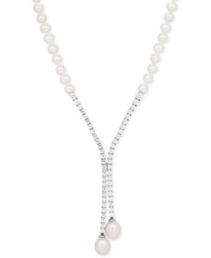Arabella Cultured Freshwater Pearl (5mm & 10 X 8mm) & Swarovski Zirconia Lariat Necklace In Sterling Silver, Only At Macy's