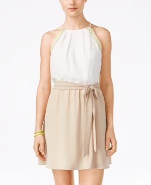 Teeze Me Juniors' Embroidered Colorblocked Halter Dress
