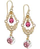 2028 Gold-tone Floral Image And Purple Bead Filigree Chandelier Earrings