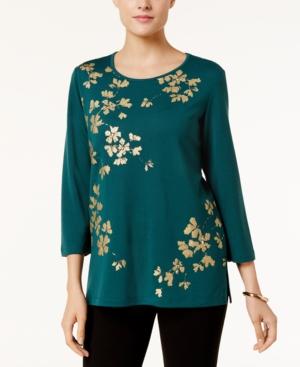 Alfred Dunner Emerald Isle Metallic Leaf-print Top
