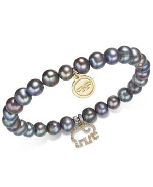 Paul & Pitu Naturally Gold-tone Pave Elephant & Gray Freshwater Pearl Stretch Bracelet