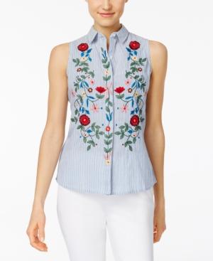 Ny Collection Petite Cotton Embroidered Striped Shirt