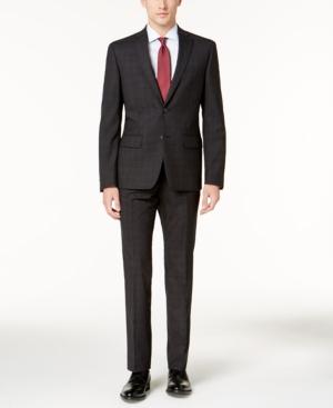 Dkny Men's Slim-fit Charcoal Plaid Wool Suit