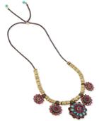 Betsey Johnson Gold-tone Woven Cord Multi-crystal Flower Statement Necklace