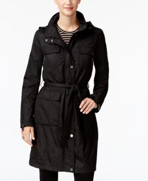 T Tahari Four-pocket Belted Hooded Raincoat