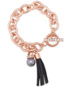Guess Rose Gold-tone Pave And Gray Imitation Pearl Tassel Bracelet