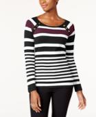 Karen Scott Striped Button-shoulder Sweater, Created For Macy's