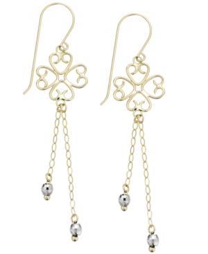 14k White And Yellow Gold Earrings, Two-tone Chain And Bead Wire Drop Earrings