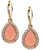 Nine West Gold-tone Pink Teardrop Pave Framed Drop Earrings