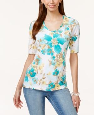 Karen Scott Floral-print Elbow-sleeve Top, Only At Macy's