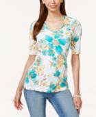 Karen Scott Floral-print Elbow-sleeve Top, Only At Macy's