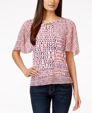 Jm Collection Petite Printed Flutter-sleeve Keyhole Top, Only At Macy's