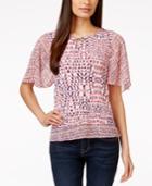 Jm Collection Petite Printed Flutter-sleeve Keyhole Top, Only At Macy's