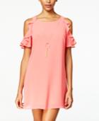 Bcx Juniors' Cold-shoulder Ruffled Shift Dress With Necklace