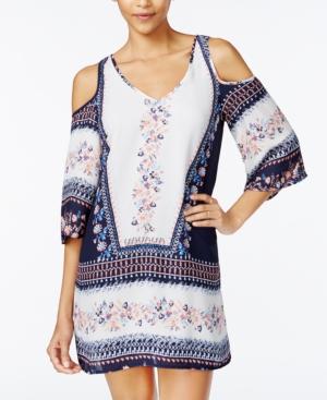Speechless Juniors' Printed Cold-shoulder Shift Dress