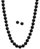 Sterling Silver Set, Onyx (10mm) Necklace And Stud Earrings