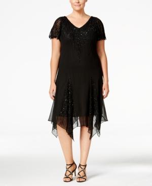 J Kara Plus Size Beaded Handkerchief-hem Dress