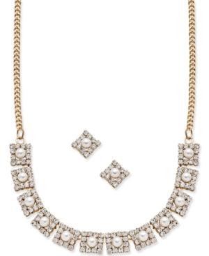 Charter Club Gold-tone Imitation Pearl And Pave Crystal Collar Necklace And Stud Earrings