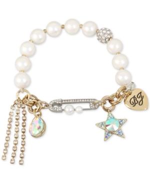 Betsey Johnson Gold-tone Crystal Star & Stone Imitation Pearl Stretch Bracelet