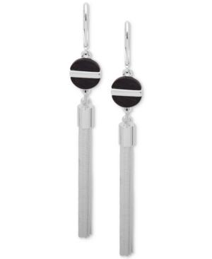 Nine West Silver-tone Black Disc & Chain Tassel Linear Drop Earrings