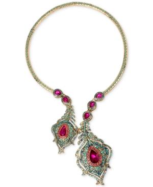 Betsey Johnson Gold-tone Crystal And Pave Peacock Feather Collar Necklace